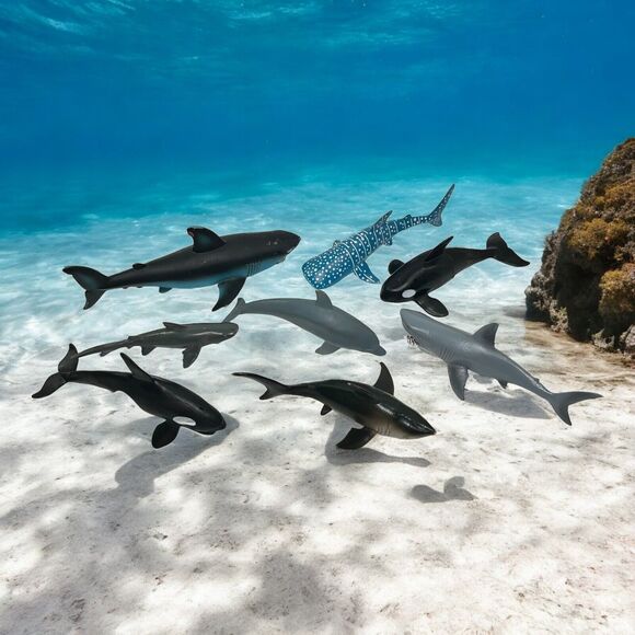 Lot of 8 Sharks Whales Dolphins PVC Figures Toys Sea Animals Cake Topper Ocean - Picture 1 of 11